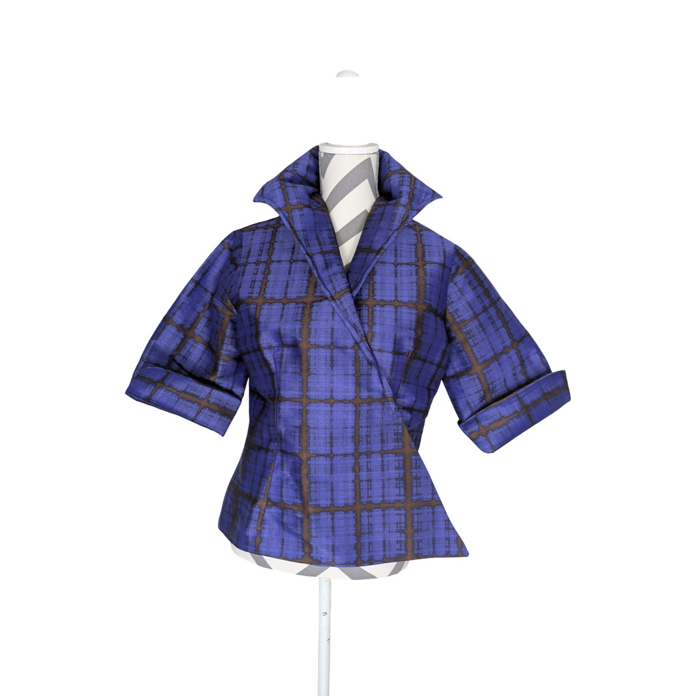 Lorain Croft Silk Wired Collar Abstract Print Jacket Medium Blue Brown - Picture 9 of 9